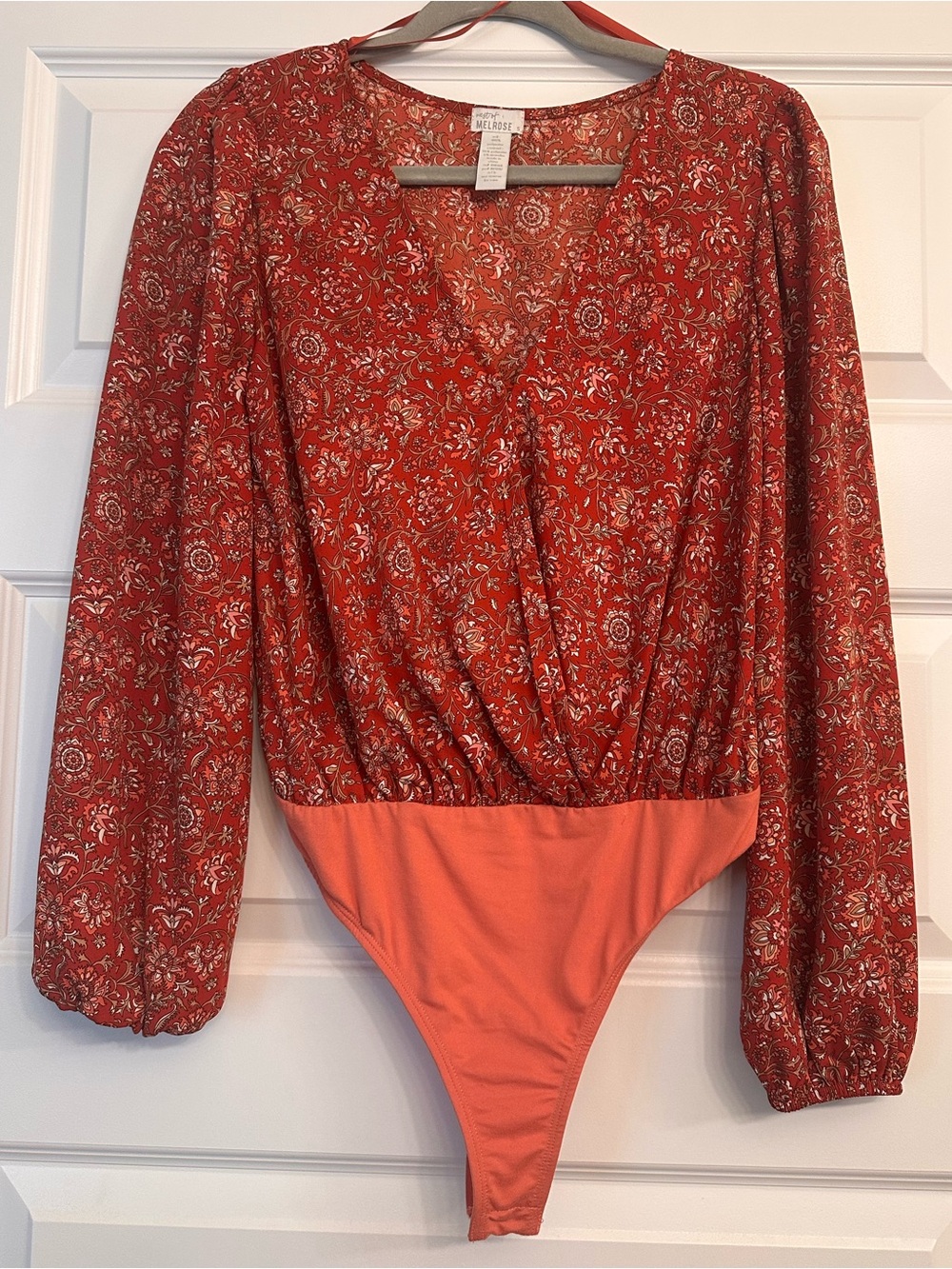 Floral Coral Long-Sleeve Surplice Bodysuit